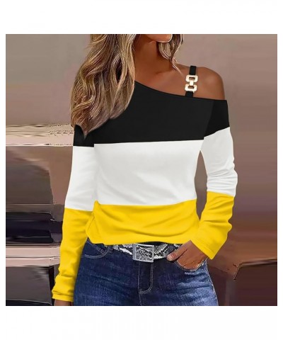 Womens Cold One Sleeve Shoulder Tops Long Sleeve Shirts Sexy Casual Blouse Solid Gradient Color Block Slim Fit Blouse A-yello...