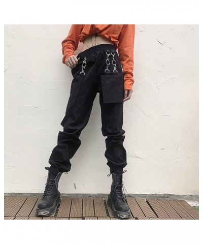 Women's Baggy Cargo Pants Casual Streetwear Solid Color Elastic High Waisted Jogger Pants with Pockets Black $10.79 Pants