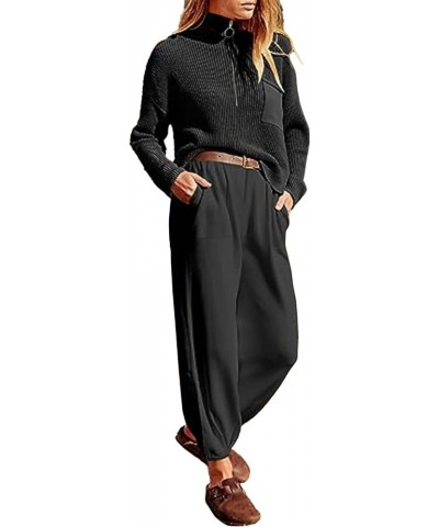 2 Piece Outfits for Women Trendy Lounge Sets Knit Half Zip Tops and Pant Sweater Set Cozy Tracksuit Sweatsuit Black-recommend...