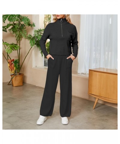 2 Piece Outfits for Women Trendy Lounge Sets Knit Half Zip Tops and Pant Sweater Set Cozy Tracksuit Sweatsuit Black-recommend...