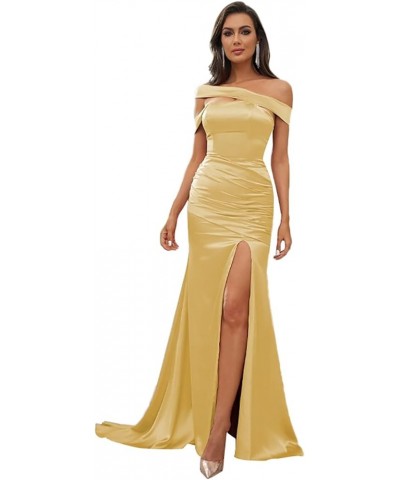 Bridesmaid Dresses with Slit Long Prom Dress Satin Formal Dresses for Women Evening Party Off Shoulder Prom Dresses Gold $38....