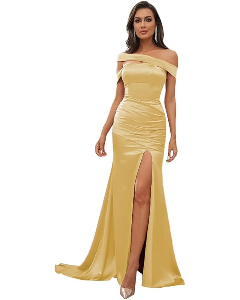 Bridesmaid Dresses with Slit Long Prom Dress Satin Formal Dresses for Women Evening Party Off Shoulder Prom Dresses Gold $38....