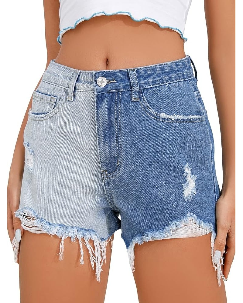 Women's Colorblock High Waist Ripped Raw Hem Denim Shorts Light Blue $16.31 Shorts