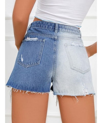 Women's Colorblock High Waist Ripped Raw Hem Denim Shorts Light Blue $16.31 Shorts