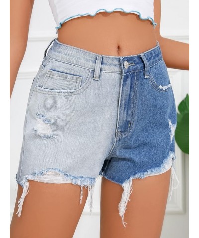 Women's Colorblock High Waist Ripped Raw Hem Denim Shorts Light Blue $16.31 Shorts