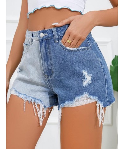 Women's Colorblock High Waist Ripped Raw Hem Denim Shorts Light Blue $16.31 Shorts