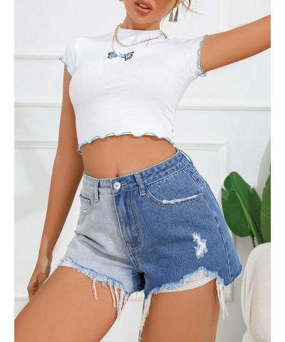 Women's Colorblock High Waist Ripped Raw Hem Denim Shorts Light Blue $16.31 Shorts