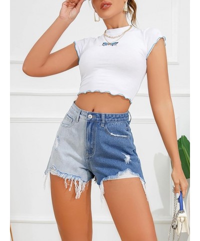 Women's Colorblock High Waist Ripped Raw Hem Denim Shorts Light Blue $16.31 Shorts