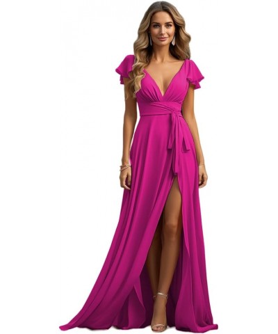 Chiffon Bridesmaid Dresses for Wedding V Neck Slit Formal Evening Gown with Short Sleeve Hot Pink $32.25 Dresses