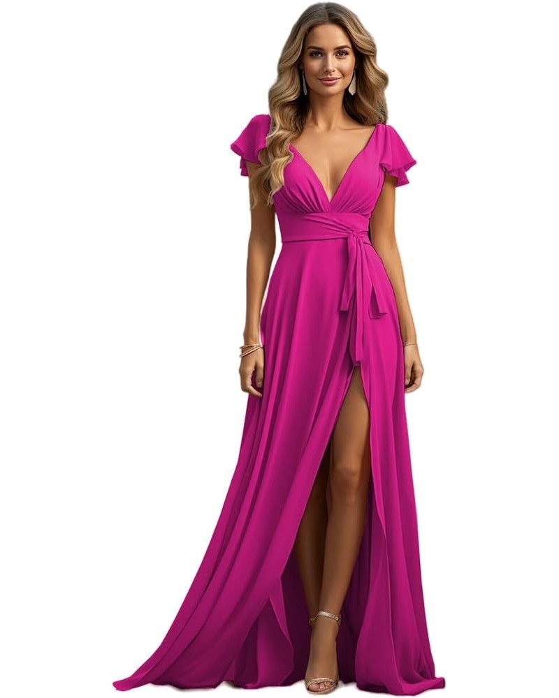 Chiffon Bridesmaid Dresses for Wedding V Neck Slit Formal Evening Gown with Short Sleeve Hot Pink $32.25 Dresses