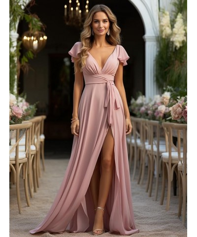 Chiffon Bridesmaid Dresses for Wedding V Neck Slit Formal Evening Gown with Short Sleeve Hot Pink $32.25 Dresses