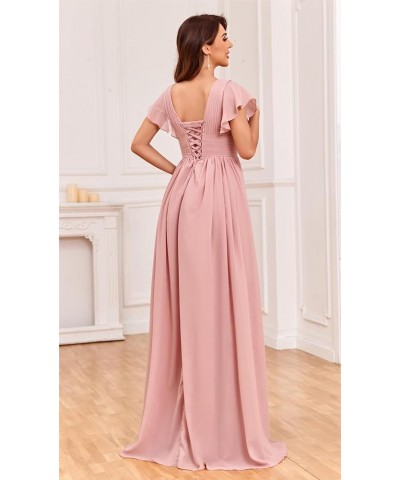 Chiffon Bridesmaid Dresses for Wedding V Neck Slit Formal Evening Gown with Short Sleeve Hot Pink $32.25 Dresses