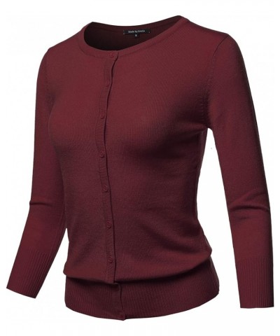 Women's Solid Crew Neck Button Down 3/4 Sleeves Knit Cardigan Fewcat0004 Burgundy $9.40 Sweaters