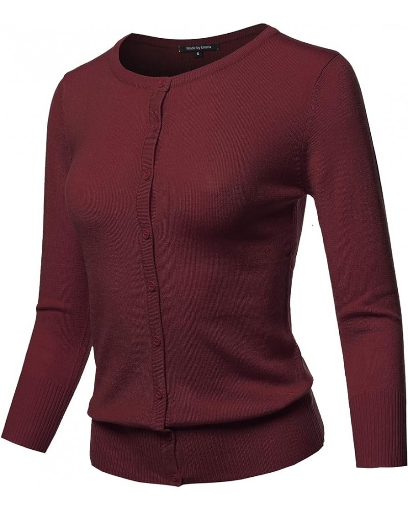 Women's Solid Crew Neck Button Down 3/4 Sleeves Knit Cardigan Fewcat0004 Burgundy $9.40 Sweaters