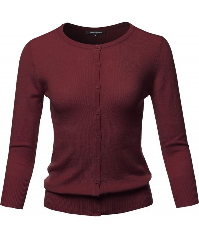 Women's Solid Crew Neck Button Down 3/4 Sleeves Knit Cardigan Fewcat0004 Burgundy $9.40 Sweaters