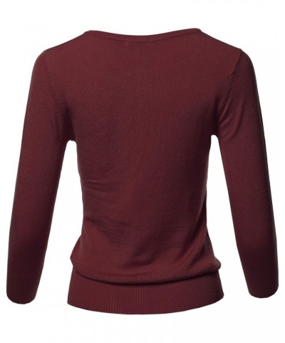 Women's Solid Crew Neck Button Down 3/4 Sleeves Knit Cardigan Fewcat0004 Burgundy $9.40 Sweaters