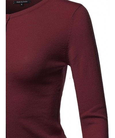 Women's Solid Crew Neck Button Down 3/4 Sleeves Knit Cardigan Fewcat0004 Burgundy $9.40 Sweaters