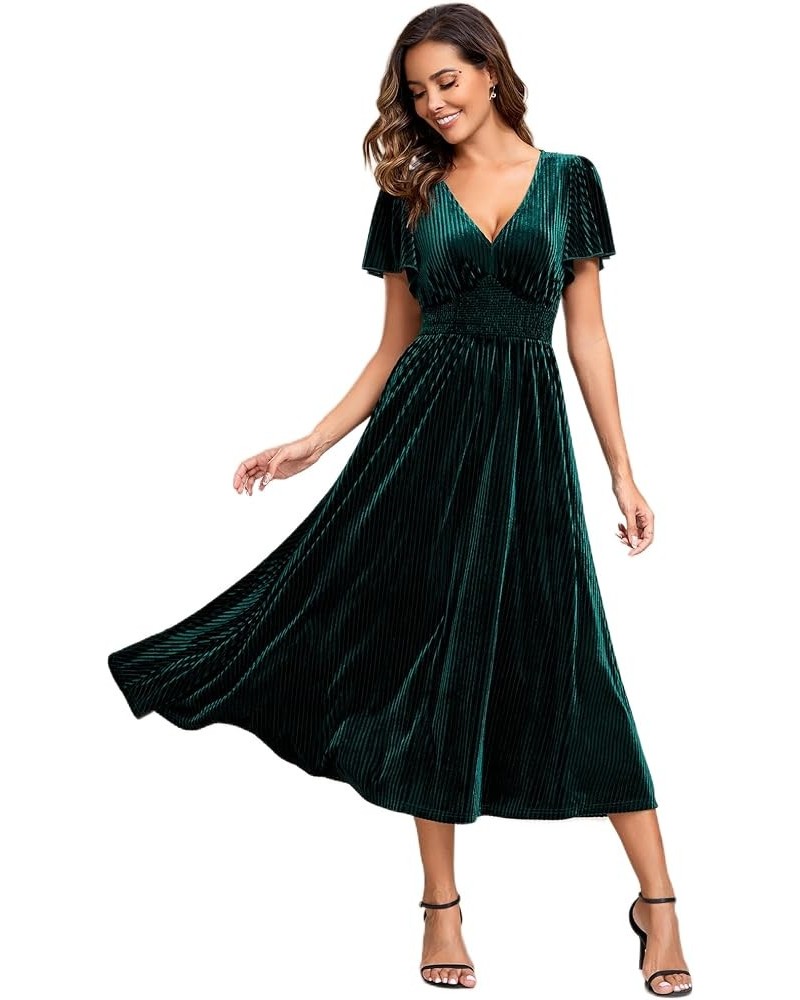 Women's V Neck A Line Velvet Midi Dress Flutter Sleeve Ruched Bridesmaid Cocktail Party Dress Deep Green $41.85 Dresses