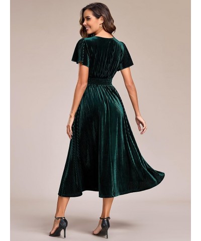 Women's V Neck A Line Velvet Midi Dress Flutter Sleeve Ruched Bridesmaid Cocktail Party Dress Deep Green $41.85 Dresses