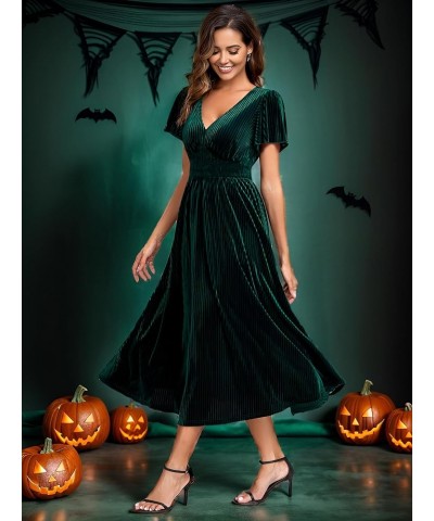 Women's V Neck A Line Velvet Midi Dress Flutter Sleeve Ruched Bridesmaid Cocktail Party Dress Deep Green $41.85 Dresses