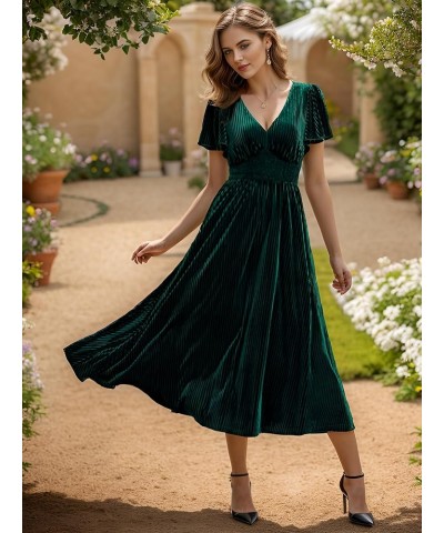 Women's V Neck A Line Velvet Midi Dress Flutter Sleeve Ruched Bridesmaid Cocktail Party Dress Deep Green $41.85 Dresses