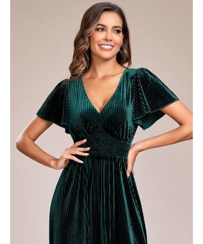 Women's V Neck A Line Velvet Midi Dress Flutter Sleeve Ruched Bridesmaid Cocktail Party Dress Deep Green $41.85 Dresses