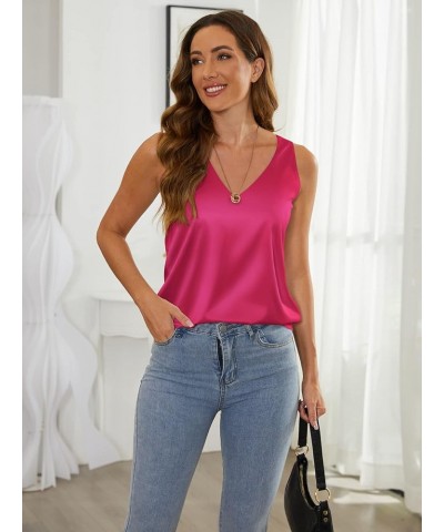 Satin Tank Tops for Women Loose Fit Sleeveless V Neck Cami Camisole Blouses Shirt Top 935_hot Pink $11.22 Tanks