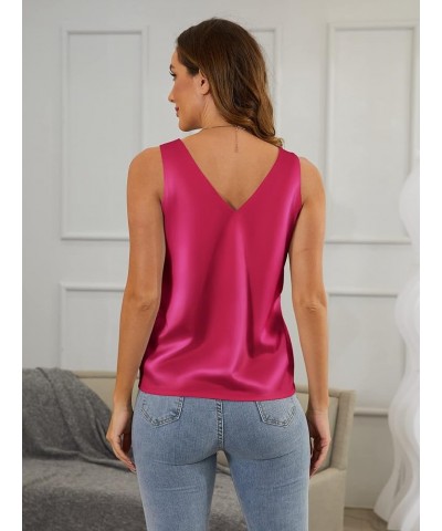 Satin Tank Tops for Women Loose Fit Sleeveless V Neck Cami Camisole Blouses Shirt Top 935_hot Pink $11.22 Tanks