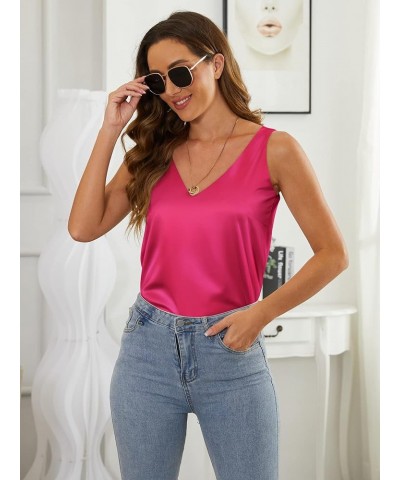 Satin Tank Tops for Women Loose Fit Sleeveless V Neck Cami Camisole Blouses Shirt Top 935_hot Pink $11.22 Tanks