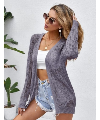 Women Crochet Lightweight Cardigan Cover Up Open Front Long Sleeve Summer Cardigans Grey $21.65 Sweaters