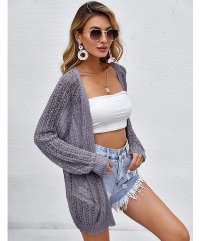 Women Crochet Lightweight Cardigan Cover Up Open Front Long Sleeve Summer Cardigans Grey $21.65 Sweaters