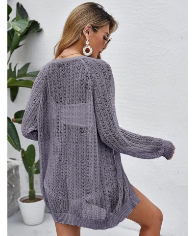 Women Crochet Lightweight Cardigan Cover Up Open Front Long Sleeve Summer Cardigans Grey $21.65 Sweaters