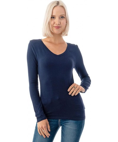 Basic V Neck Long Sleeve T-Shirts - Stretch Cotton Spandex Navy $10.63 T-Shirts