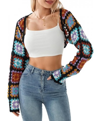 Women Y2K Crochet Floral Shrug Cardigan Sweater Knitted Long Sleeve Open Front Cropped Cardigan Crop Top Streetwear Black $12...