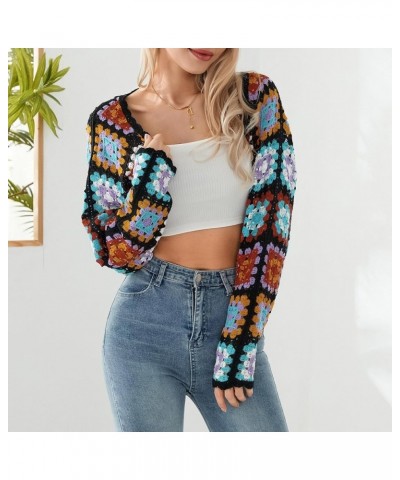 Women Y2K Crochet Floral Shrug Cardigan Sweater Knitted Long Sleeve Open Front Cropped Cardigan Crop Top Streetwear Black $12...