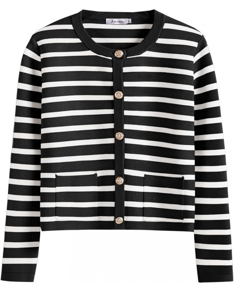 Cardigan Sweaters for Women 2023 Fall Long Sleeve Cropped Striped Knitted Jackets with Pockets Black White Stripe $19.94 Swea...