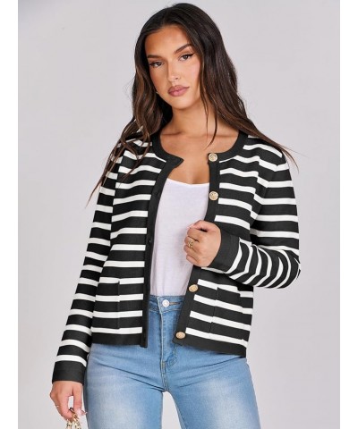 Cardigan Sweaters for Women 2023 Fall Long Sleeve Cropped Striped Knitted Jackets with Pockets Black White Stripe $19.94 Swea...