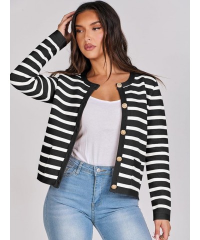 Cardigan Sweaters for Women 2023 Fall Long Sleeve Cropped Striped Knitted Jackets with Pockets Black White Stripe $19.94 Swea...