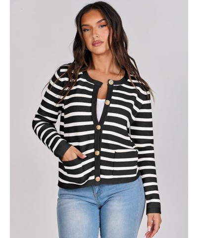 Cardigan Sweaters for Women 2023 Fall Long Sleeve Cropped Striped Knitted Jackets with Pockets Black White Stripe $19.94 Swea...