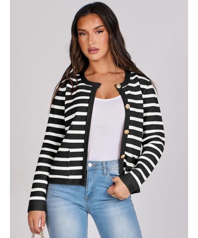 Cardigan Sweaters for Women 2023 Fall Long Sleeve Cropped Striped Knitted Jackets with Pockets Black White Stripe $19.94 Swea...