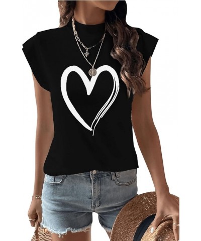 Women's Casual Cap Sleeve Mock Neck Heart Graphic Print Pullover Tee Shirt Black $11.04 T-Shirts