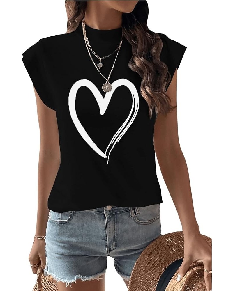 Women's Casual Cap Sleeve Mock Neck Heart Graphic Print Pullover Tee Shirt Black $11.04 T-Shirts