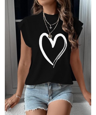 Women's Casual Cap Sleeve Mock Neck Heart Graphic Print Pullover Tee Shirt Black $11.04 T-Shirts