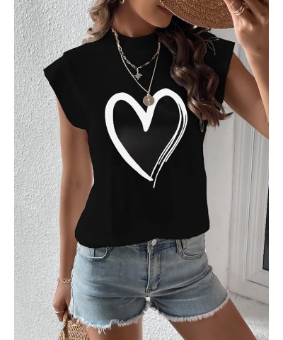 Women's Casual Cap Sleeve Mock Neck Heart Graphic Print Pullover Tee Shirt Black $11.04 T-Shirts