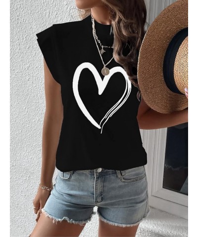 Women's Casual Cap Sleeve Mock Neck Heart Graphic Print Pullover Tee Shirt Black $11.04 T-Shirts