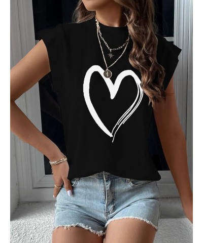 Women's Casual Cap Sleeve Mock Neck Heart Graphic Print Pullover Tee Shirt Black $11.04 T-Shirts