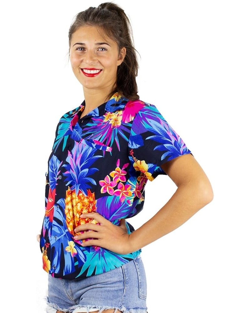 Funky Casual Hawaiian Blouse Shirt for Women Front Pocket Button Down Very Loud Shortsleeve Small Flower Print Pineapple Blac...