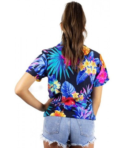 Funky Casual Hawaiian Blouse Shirt for Women Front Pocket Button Down Very Loud Shortsleeve Small Flower Print Pineapple Blac...