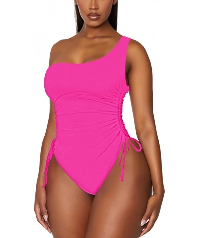 Women's One Shoulder Ruched One Piece Swimsuit Tummy Control High Cut Cheeky Bathing Suit Hot Pink One Shoulder $16.28 Swimsuits