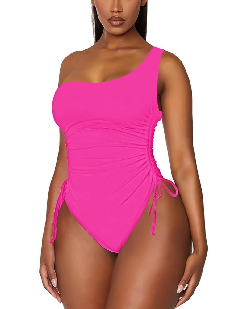 Women's One Shoulder Ruched One Piece Swimsuit Tummy Control High Cut Cheeky Bathing Suit Hot Pink One Shoulder $16.28 Swimsuits